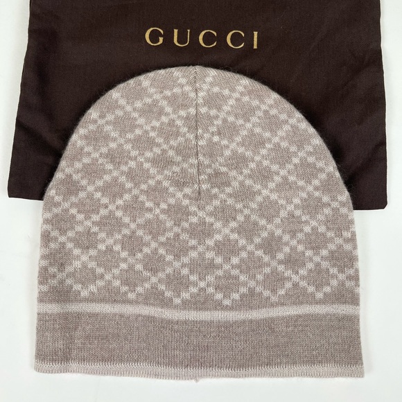 Gucci Beige Wool Diamond Logo Print Beanie Hat - Picture 2 of 4